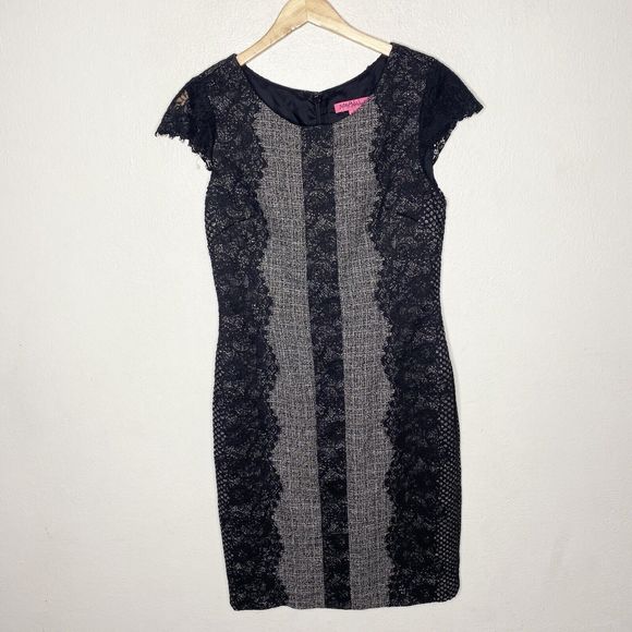 Betsey‎ Johnson Gray Sheath Dress Cap Short Sleeve Black Lace Overlay women’s 8 - Picture 1 of 13